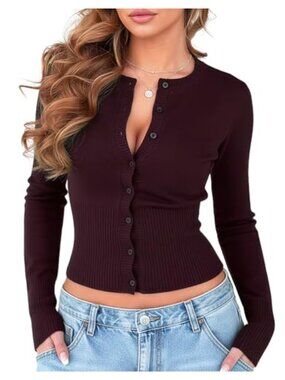 Women's Cropped Knit Cardigan Long Sleeve Open Front Button Crew Neck Y2K